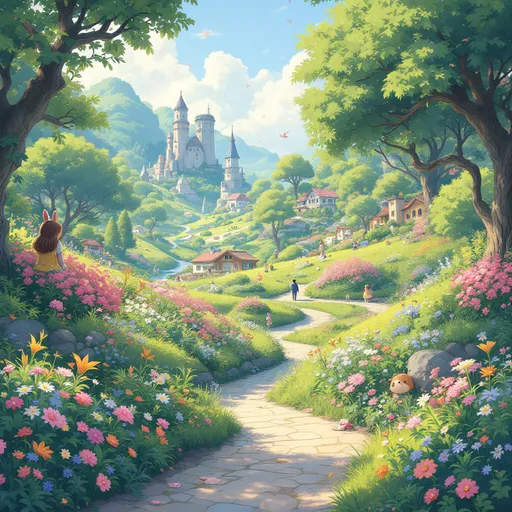 Prompt: Ghibli-style illustration, whimsical atmosphere, soft pastel colors, enchanting landscapes, lush greenery, charming characters, fantastical elements, dreamlike quality, inviting environment, 4K ultra-detailed, vibrant and dynamic scenes, magical realism, serene ambiance, inspired by Studio Ghibli’s artistic mastery, capturing innocence and wonder.