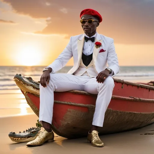 Prompt: An african man in a White tuxedo sitting on a wrecked rowboat on the Beach while the Sun is setting . The man is wearing a red beret and Gold rimmed sunglasses and staring at his pet crocodile