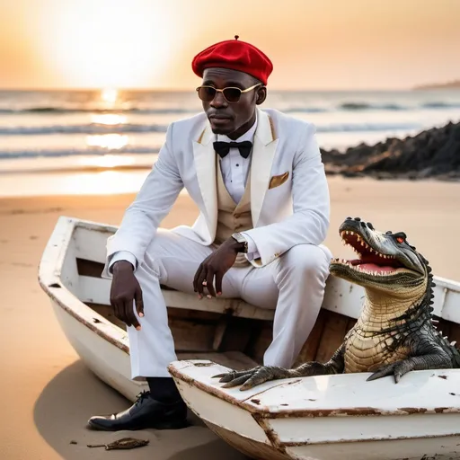 Prompt: An african man in a White tuxedo sitting on a wrecked rowboat on the Beach while the Sun is setting . The man is wearing a red beret and Gold rimmed sunglasses and staring at his pet crocodile. the style of Black and White photo from 19 century