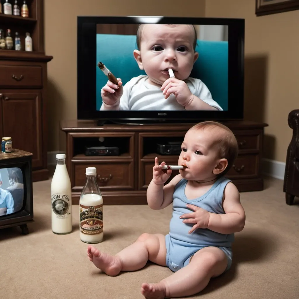 Prompt: A baby smoking a cigar and watching a Big screen TV . Beside him is an Ar-15 and 7 bottles of milk