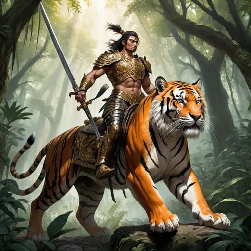 Prompt: The scene depicts a fierce warrior mounted on a majestic tiger. The warrior, clad in ornate armor with intricate engravings, holds a gleaming sword high above his head. His expression is one of determination and valor, with eyes focused on an unseen enemy. The tiger, powerful and muscular, has its jaws slightly open, revealing sharp fangs, while its vibrant orange and black striped fur ripples with every stride. The background shows a dense jungle with towering trees and thick foliage, giving a sense of the wild and untamed environment. Rays of sunlight pierce through the canopy, illuminating the warrior and his formidable steed, highlighting the dynamic and intense atmosphere of the scene.