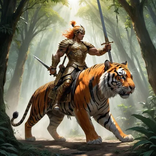 Prompt: The scene depicts a fierce warrior mounted on a majestic tiger. The warrior, clad in ornate armor with intricate engravings, holds a gleaming sword high above his head. His expression is one of determination and valor, with eyes focused on an unseen enemy. The tiger, powerful and muscular, has its jaws slightly open, revealing sharp fangs, while its vibrant orange and black striped fur ripples with every stride. The background shows a dense jungle with towering trees and thick foliage, giving a sense of the wild and untamed environment. Rays of sunlight pierce through the canopy, illuminating the warrior and his formidable steed, highlighting the dynamic and intense atmosphere of the scene.