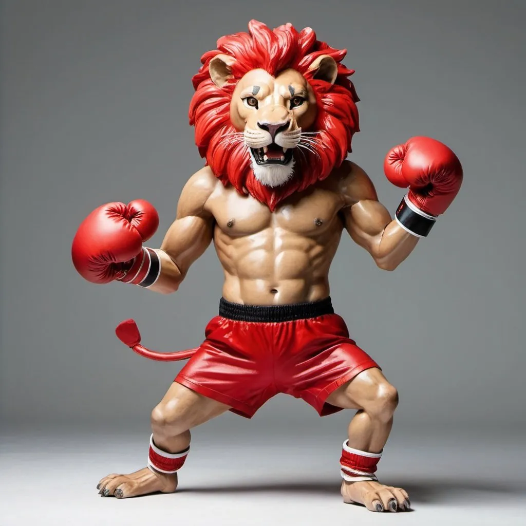 Prompt: A dancing lion  with Boxing gloves and red shorts