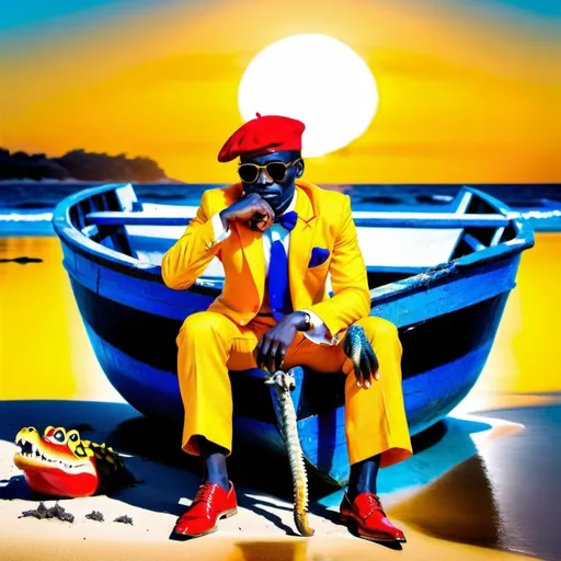 Prompt: An african man in a yellow tuxedo sitting on a wrecked rowboat on the Beach while the Sun is setting . The man is wearing a red beret and Gold rimmed sunglasses and staring at his pet crocodile. the style of Black and White photo from 19 century