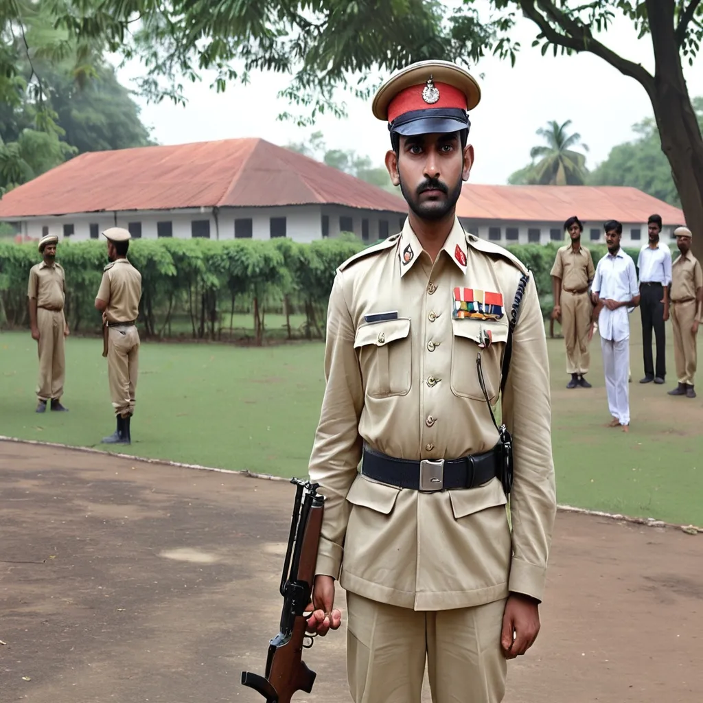 Prompt: a man in uniform holding a rifle in a park area with other men in uniform in the background and trees, Bholekar Srihari, bengal school of art, full body pose, a picture