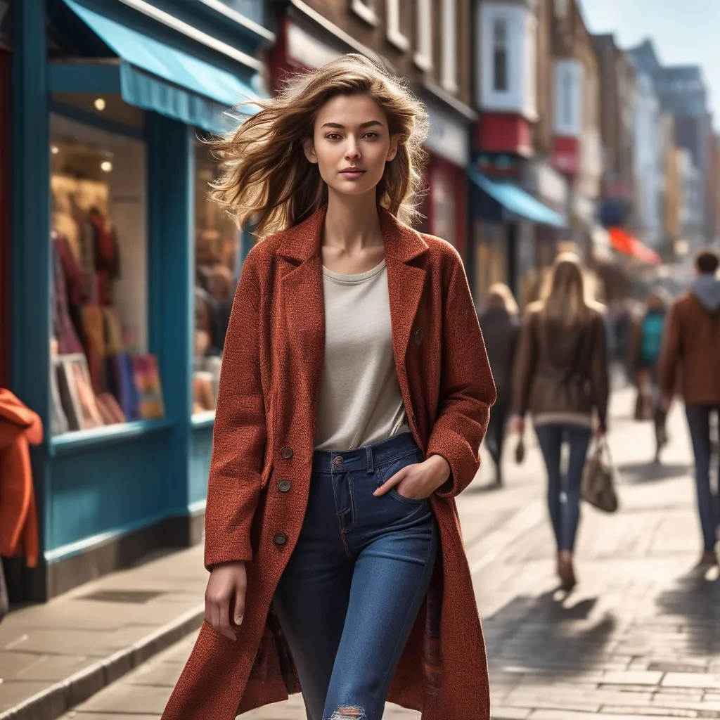 Prompt: Tall young woman walking down the high street, detailed clothing, realistic, natural lighting