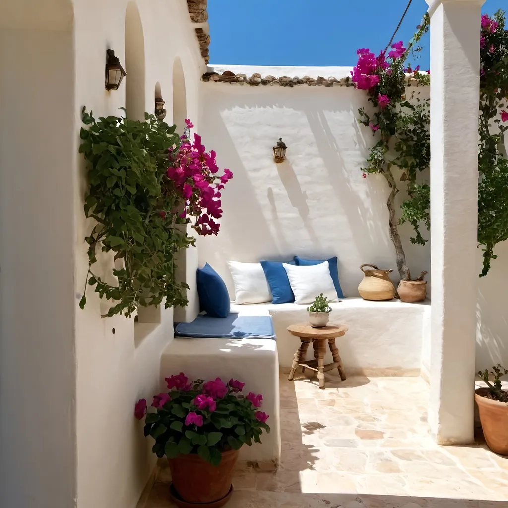 Prompt: A meditarranean outdoor patio, sunlight, basil plant, bougainvillea, white and blue mediterranean colors