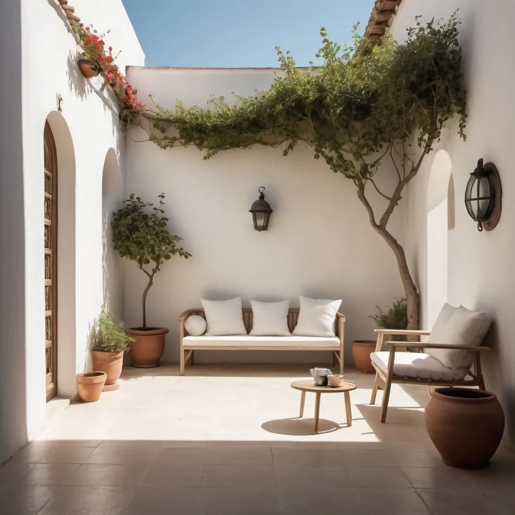 Prompt: A meditarranean patio, sunlight, a serene scene with a cup of coffee,  white minimalist, patio 