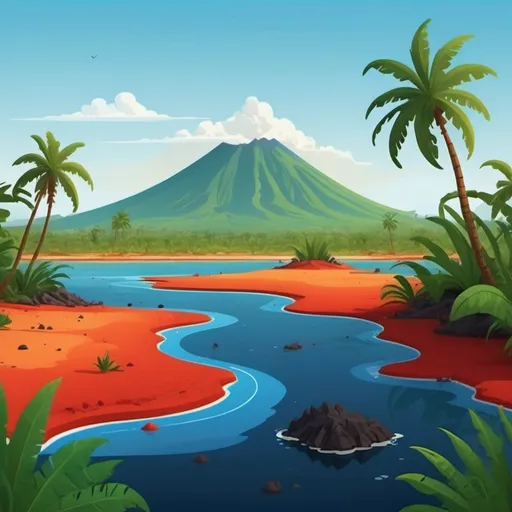 Prompt: Island with a desert, volcano and jungle add water make de volcano errupt