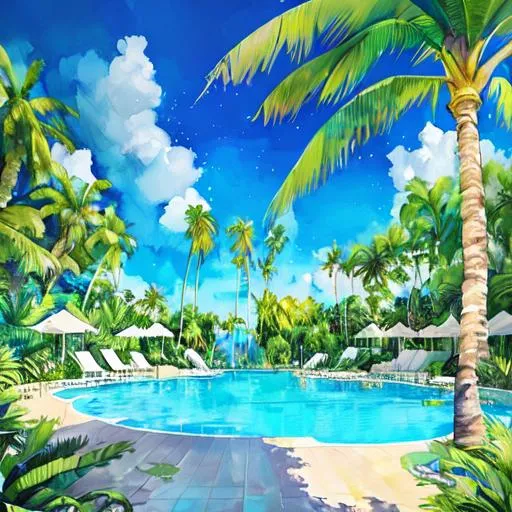 Prompt: Idyllic postcard with palm trees and swimming pools, digital painting, clear blue skies, tropical paradise, high quality, vibrant colors, tropical, serene atmosphere, crystal clear water, lush greenery, inviting, peaceful, relaxing, detailed palm leaves, sparkling pool water, professional, natural lighting