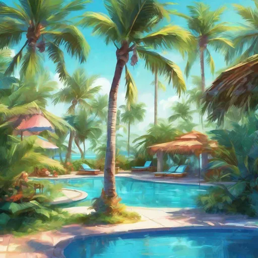 Prompt: Idyllic postcard with palm trees and swimming pools, digital painting, clear blue skies, tropical paradise, high quality, vibrant colors, tropical, serene atmosphere, crystal clear water, lush greenery, inviting, peaceful, relaxing, detailed palm leaves, sparkling pool water, professional, natural lighting
