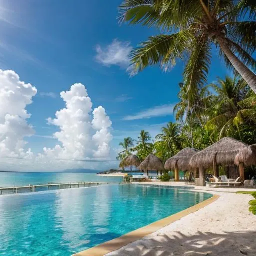 Prompt: Idyllic postcard with palm trees and tropical beach,  clear blue skies, tropical paradise, high quality, vibrant colors, tropical, serene atmosphere, crystal clear water, lush greenery, inviting, peaceful, relaxing, detailed palm leaves, sparkling pool water, professional, natural lighting