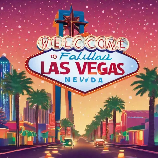 Prompt: Merry Christmas-themed postcard illustration of the 'Welcome to Las Vegas' sign, festive holiday lighting, vibrant and cheerful color palette, nighttime setting, high-quality digital illustration, holiday decorations, colorful neon lights, joyful atmosphere, Christmas-themed, festive, vibrant colors, nighttime setting, holiday lighting