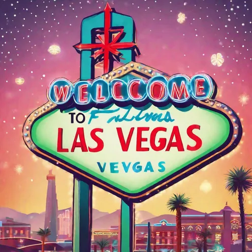 Prompt: Merry Christmas-themed postcard illustration of the 'Welcome to Las Vegas' sign, festive holiday lighting, vibrant and cheerful color palette, nighttime setting, high-quality digital illustration, holiday decorations, colorful neon lights, joyful atmosphere, Christmas-themed, festive, vibrant colors, nighttime setting, holiday lighting