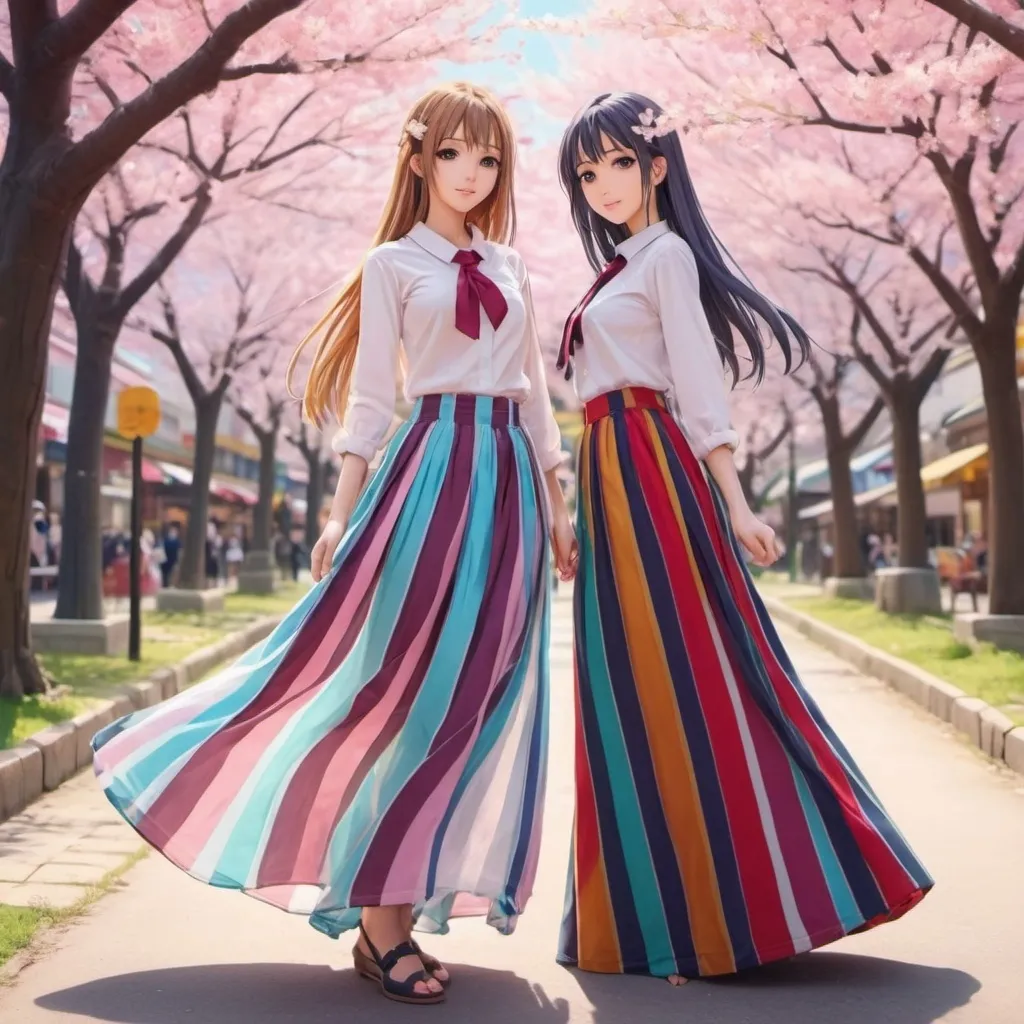 Prompt: Anime girls wearing maxi long vertical striped skirts. The skirts are very long.