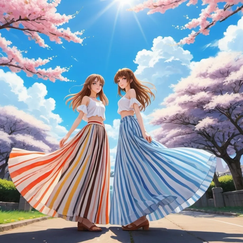 Prompt: Anime girls wearing maxi long vertical striped skirts. The skirts are very long.