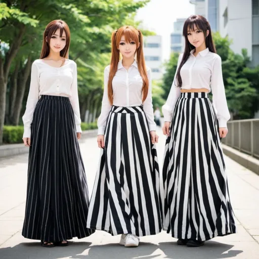 Prompt: Anime girls wearing maxi long vertical striped skirts. The skirts are very long.