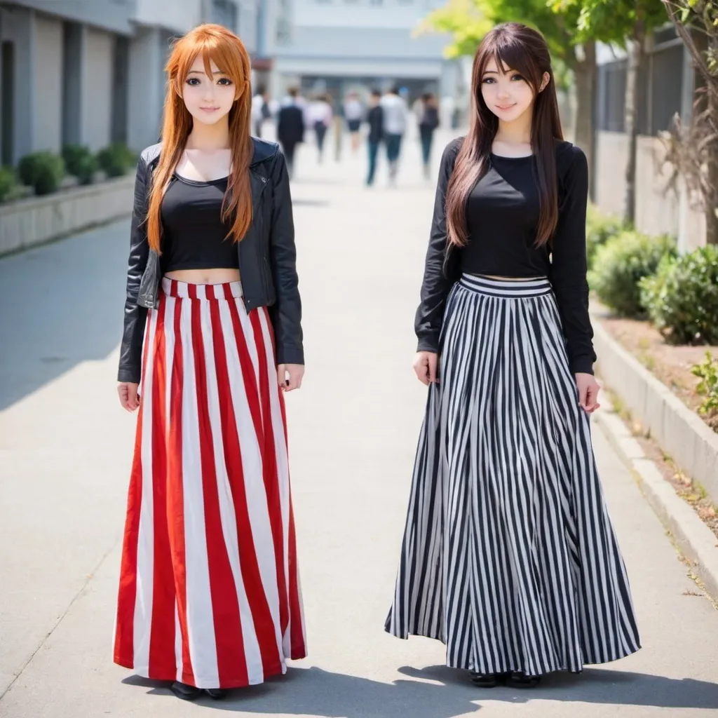 Prompt: Anime girls wearing maxi long vertical striped skirts. The skirts are very long.