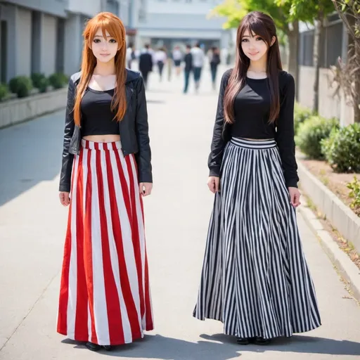 Prompt: Anime girls wearing maxi long vertical striped skirts. The skirts are very long.