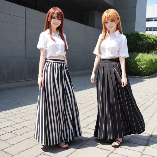 Prompt: Anime girls wearing maxi long vertical striped skirts. The skirts are very long.