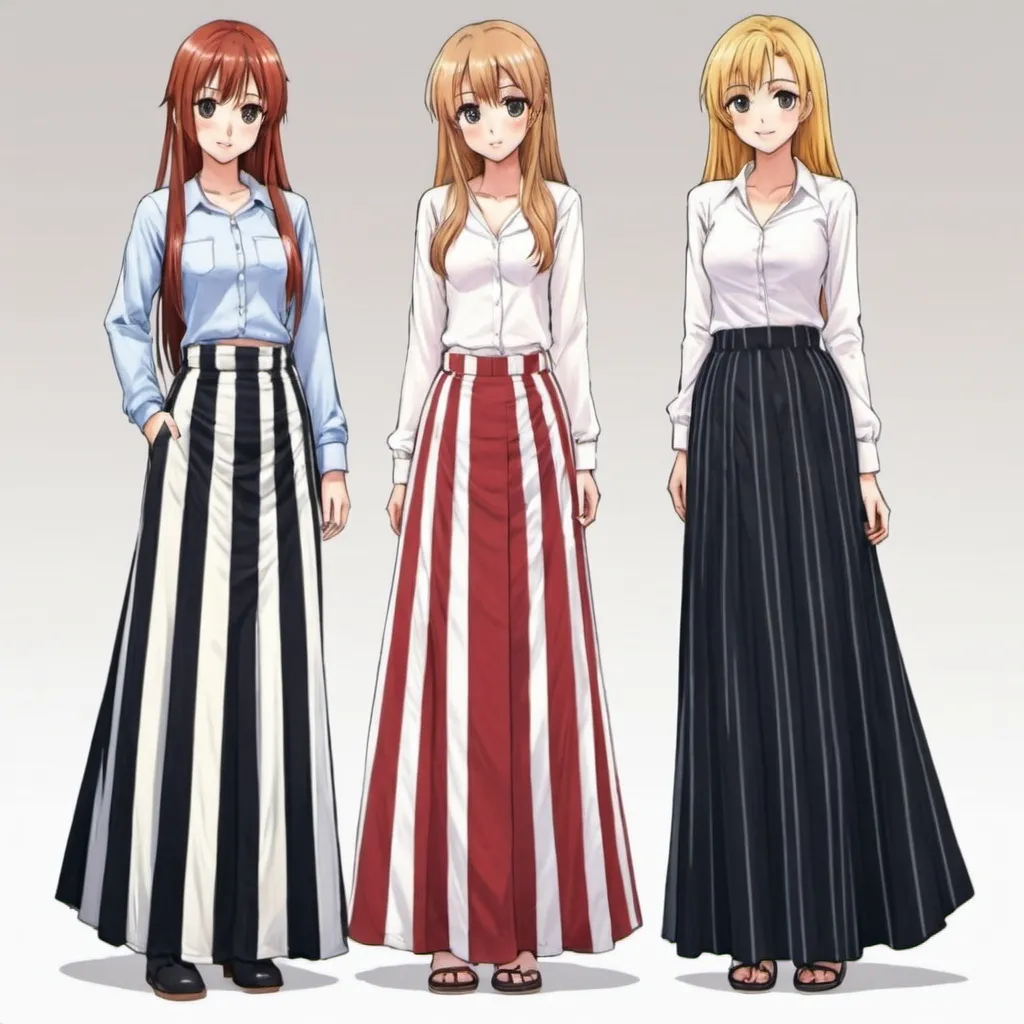 Prompt: Anime girls wearing maxi long vertical striped skirts. The skirts are very long.