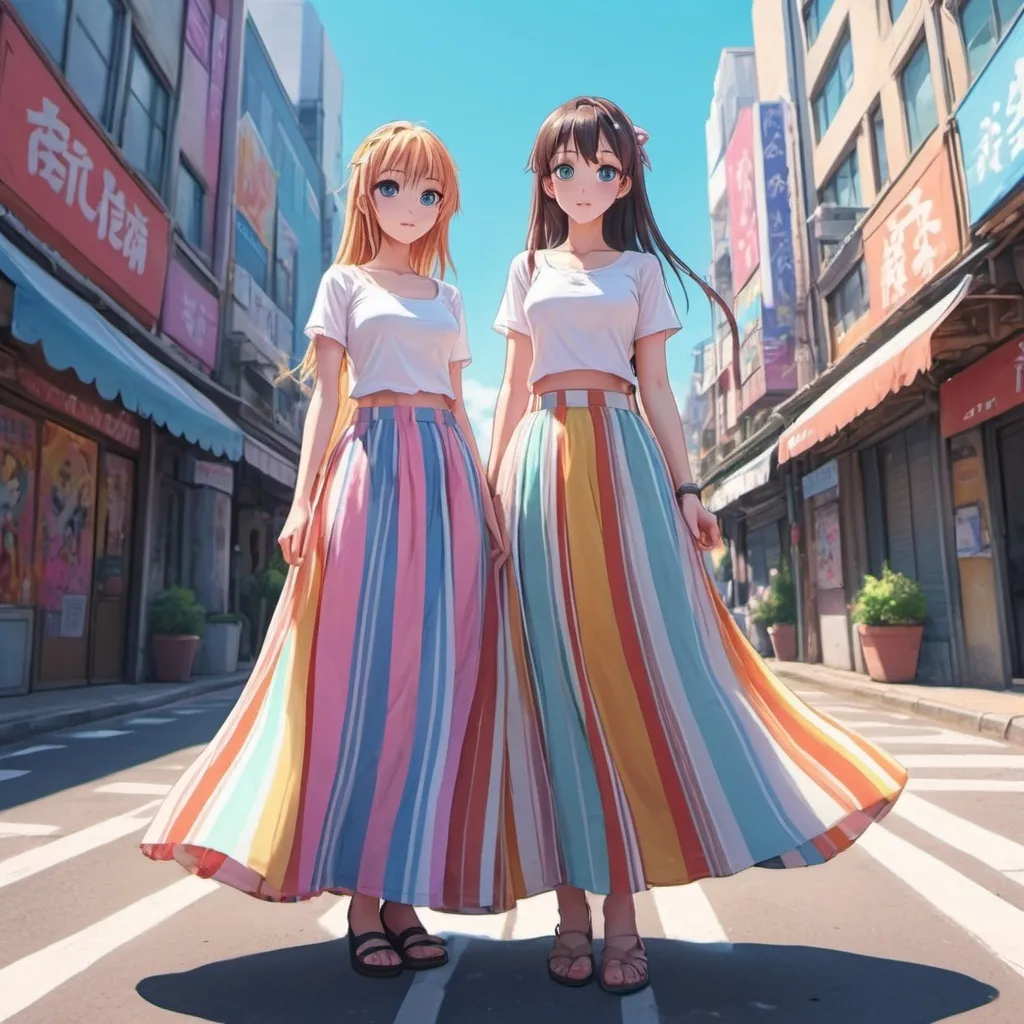 Prompt: Anime girls wearing maxi long vertical striped skirts. The skirts are very long.