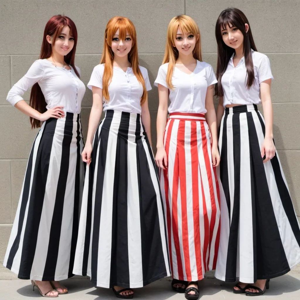 Prompt: Anime girls wearing maxi long vertical striped skirts. The skirts are very long.