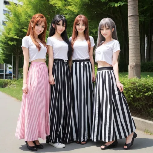 Prompt: Anime girls wearing maxi long vertical striped skirts. The skirts are very long.