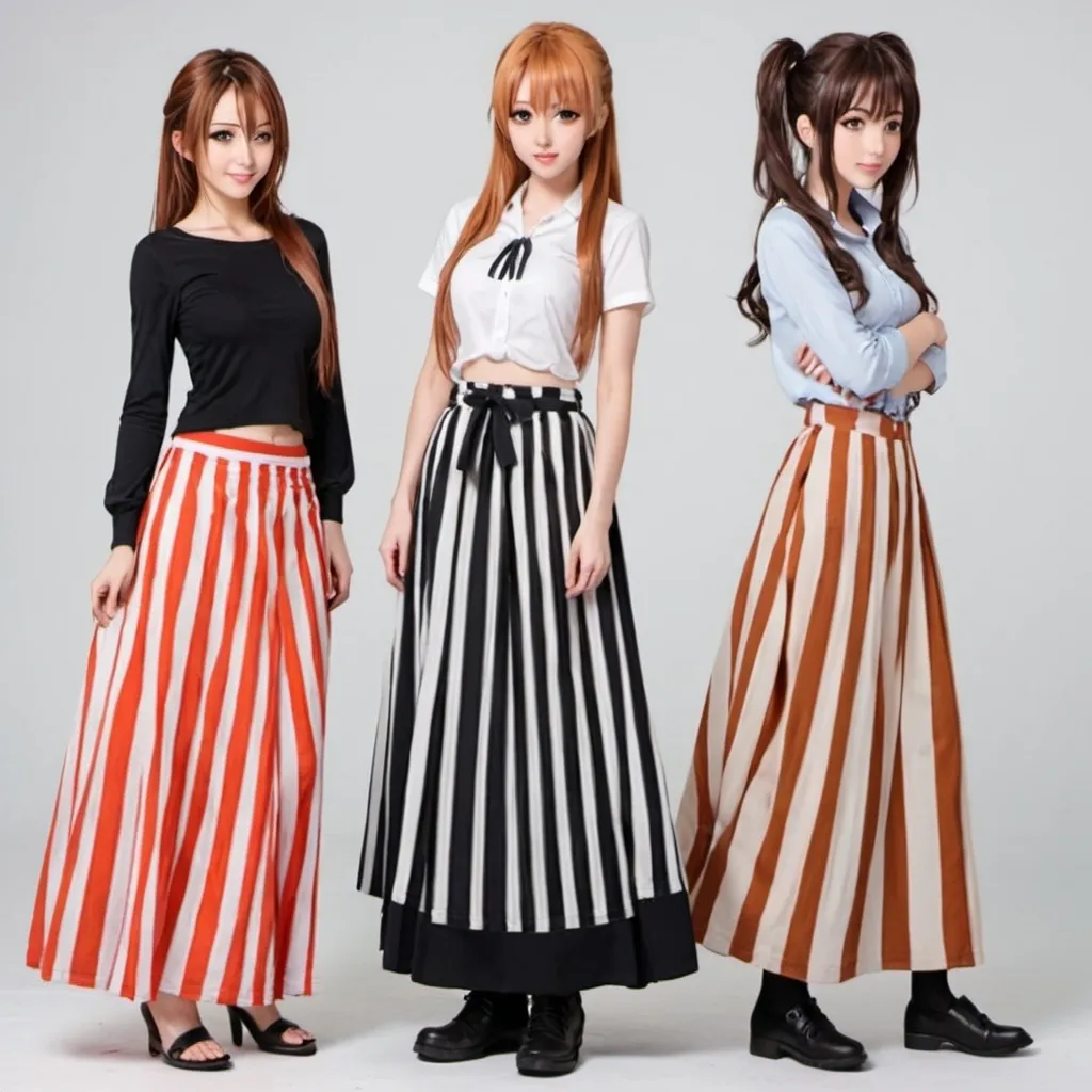 Prompt: Anime girls wearing maxi long vertical striped skirts. The skirts are very long.