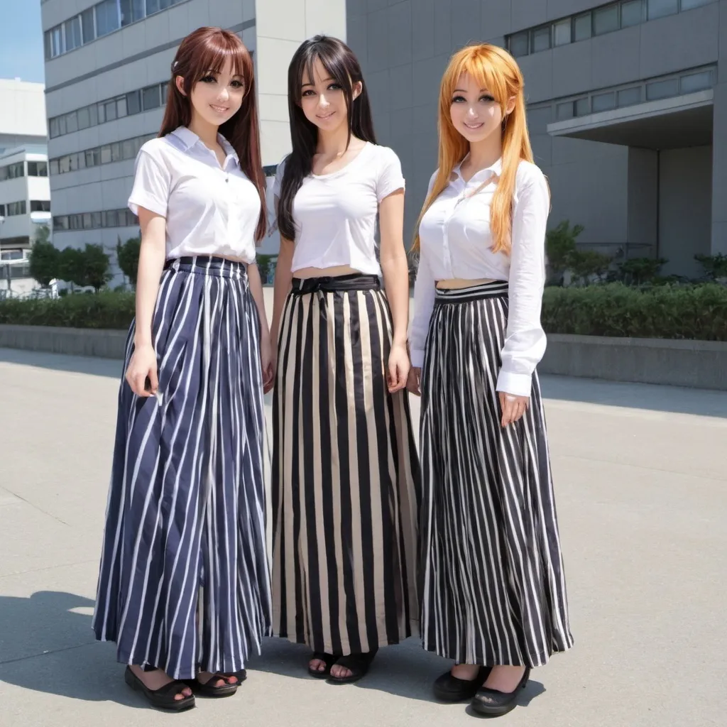 Prompt: Anime girls wearing maxi long vertical striped skirts. The skirts are very long.