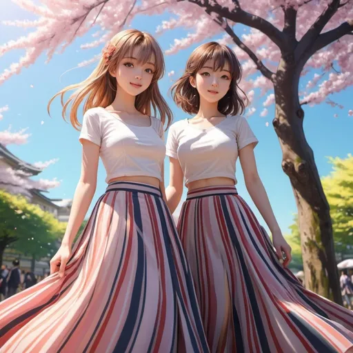 Prompt: Anime girls wearing maxi long vertical striped skirts. The skirts are very long.