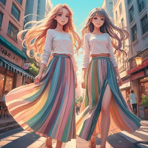 Prompt: Anime girls wearing maxi long vertical striped skirts. The skirts are very long.