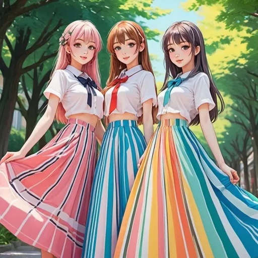 Prompt: Anime girls wearing maxi long vertical striped skirts. The skirts are very long.