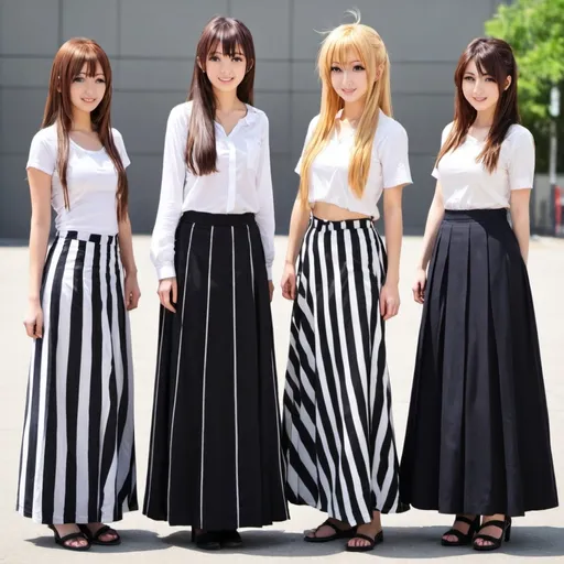 Prompt: Anime girls wearing maxi long vertical striped skirts. The skirts are very long.