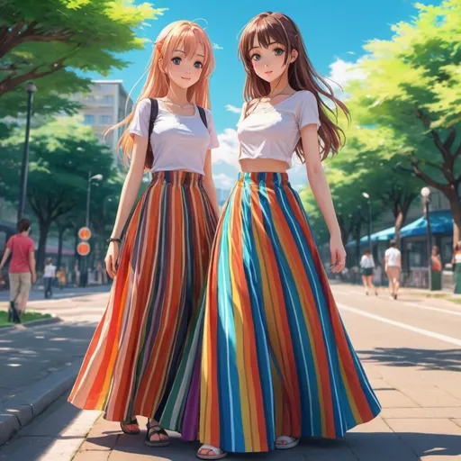 Prompt: Anime girls wearing maxi long vertical striped skirts. The skirts are very long.