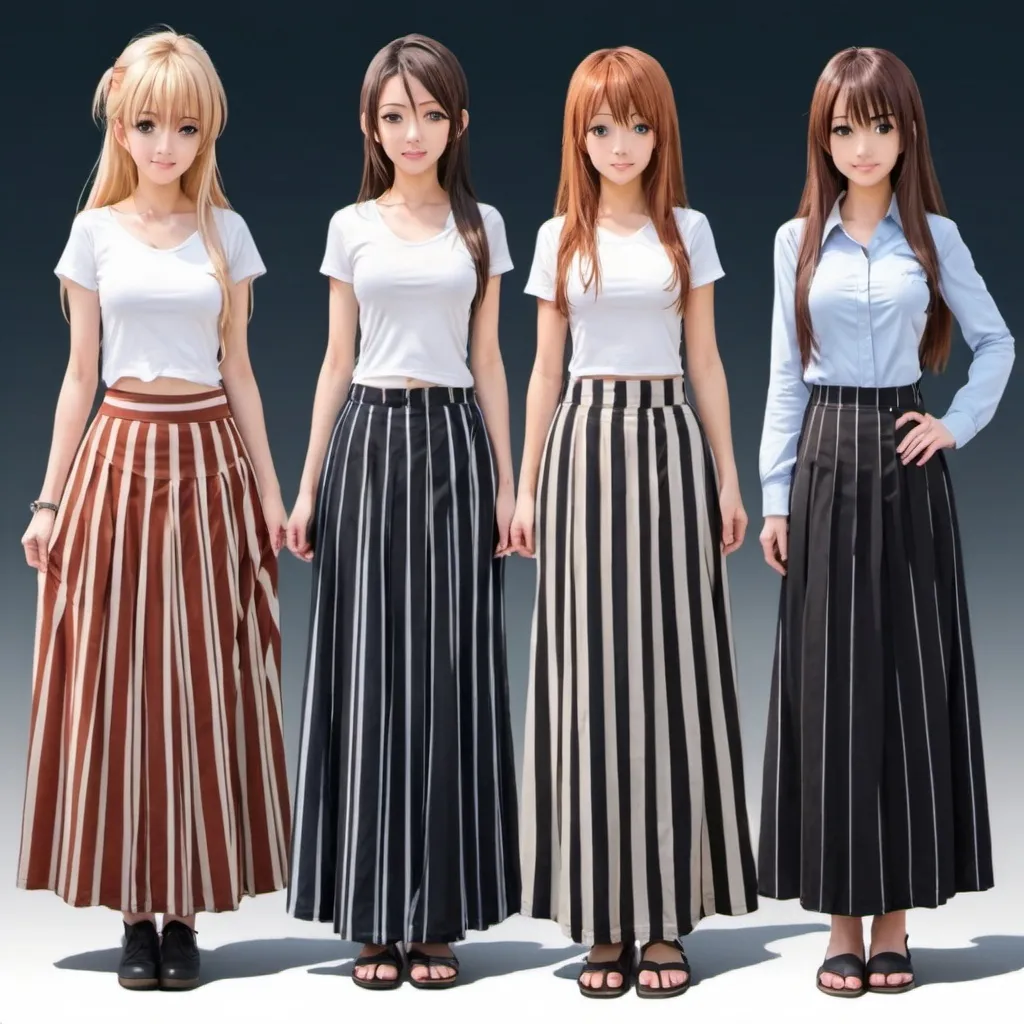 Prompt: Anime girls wearing maxi long vertical striped skirts. The skirts are very long.