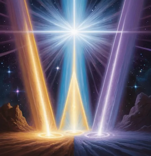 Prompt: The Cosmic Trinity contains three merging light beams shooting out into another separate universe or dimension portal.  the first beam of light is a vibrant pale blue.

The second beam light beam color is vibrant gold.

The third beam color is a strong vibrant amethyst.