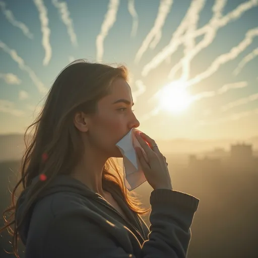 Prompt: a woman is outside under a sky full of white stripe crisscross chemtrails, with a runny nose needing a tissue to blow her nose, inflammed eyes and the air looks misty, the sun in the background is dimmed with a chemical mist