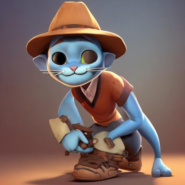 Prompt: A cat with a hat blue skinned has a scar on his leg with a pimple on his face he wears a brown shirt and lives to sing