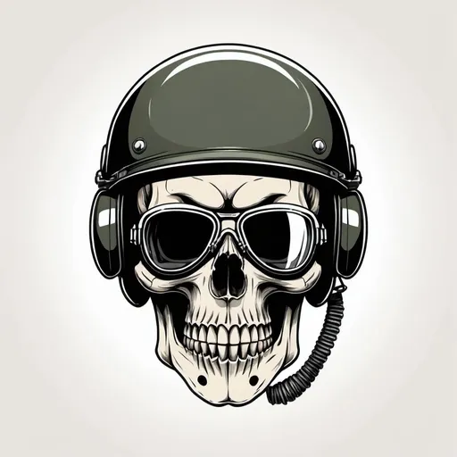 Prompt: simple Drawing the front side of a skull with an aeronautical military helmet and glasses.