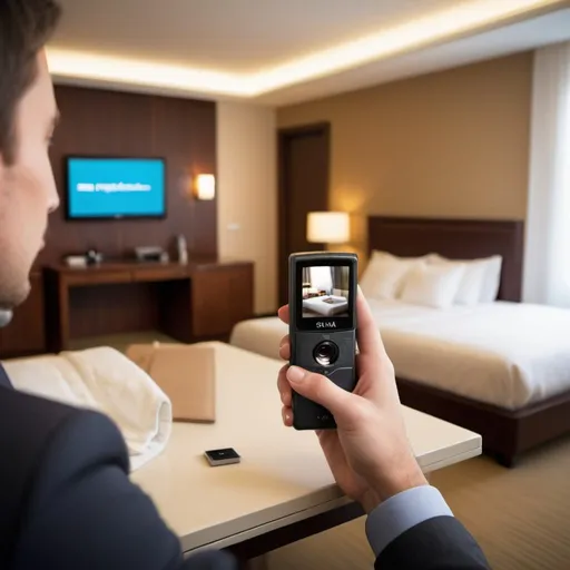 Prompt: Scene: Hotel room, modern and stylish decor, typical for business travel.
Subject: Traveler, male or female, casually dressed, using a device.
Action: Holding a handheld hidden camera detector, scanning the room.
Details: Focus on the device and the person’s hand; include a desk, a bed, and a television in the background.
Mood: Bright, secure, welcoming atmosphere, emphasizing safety and privacy.
Technology: Show the device as compact, easy to handle, with visible buttons or a digital screen.
Purpose: Illustrate privacy protection, ease of use, and travel safety.