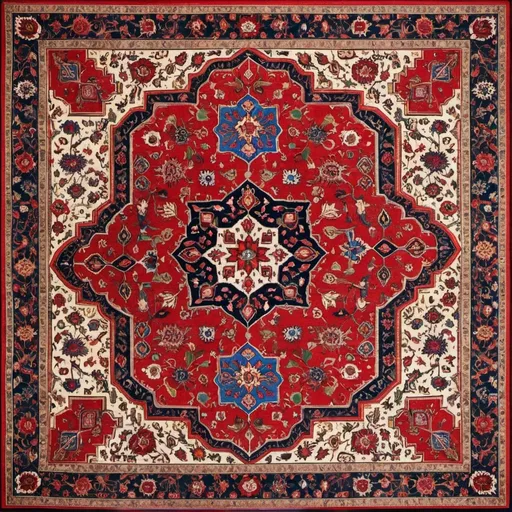 Prompt: I want a very beautiful carpet margin which is common among the three nations from Iran, Armenia and Georgia showing a common story among three countries of Iran, Armenia and Georgia about the legend of Amir Arsalan, the legend of David of Sassoun and the legend of Amiran-Darejaniani including pomegranate sign and other cultural motifs in simple formats but not symmetrical in any directions