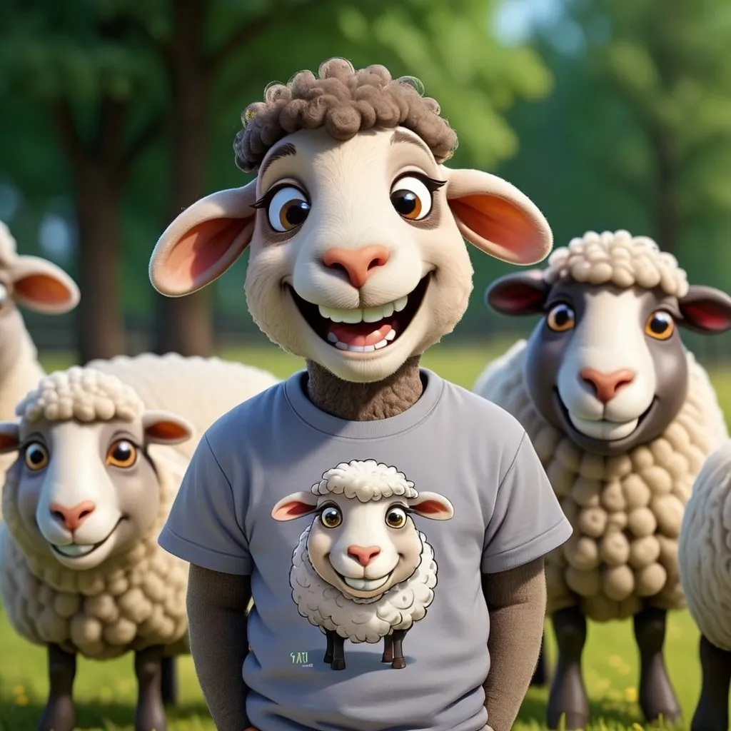 Prompt: A sheep wearing a smiling T-shirt with a design and looks at him smiling.