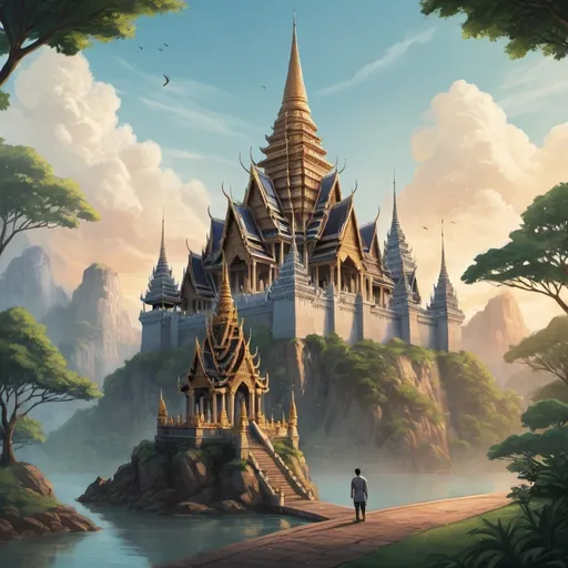 Prompt: Create a book cover illustration featuring a grand, Thai-inspired castle that has elements reminiscent of Hogwarts, such as tall spires and magical ambiance, but with distinctly Thai architectural features like tiered roofs and intricate carvings. In front of the castle, depict two male characters who are in a loving relationship. The characters should be standing close together, with one perhaps holding the other's hand or leaning slightly towards each other. The title of the novel, 'The Sris Elemental Saga' should be prominently displayed in an elegant, magical font that matches the theme of the story.