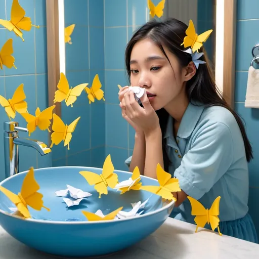 Prompt: Asian girl washing her face in a porcelain blue sink in front of a vanity mirror, with paper yellow origami butterflies flying out of her hair