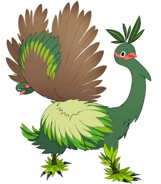 Prompt: aSanjay Ramasamy (Grass/Flying) – A graceful Leafdoe, resembling a dodo bird with vibrant green plumage. It flits through the treetops, spreading seeds and nurturing the forest.