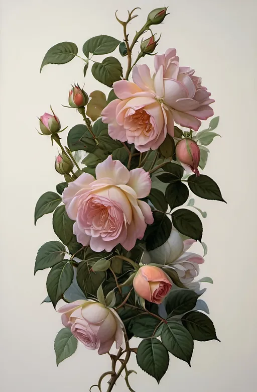 Prompt: a painting of pink roses and green leaves on a white background with a white background behind it and a white background behind it, Cicely Mary Barker, rococo, roses, in Botticelli style