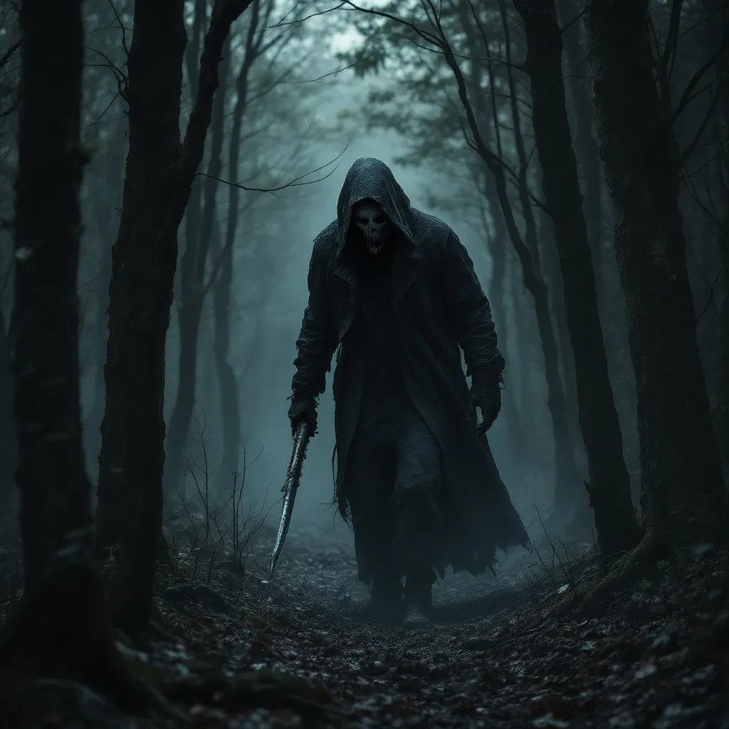 Prompt: A creepy  man  who was a killer  in the woods 