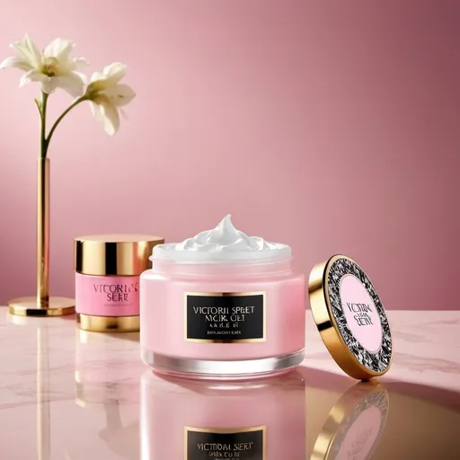 Prompt: "Generate an image of a new Victoria's Secret night care product. The product should be a luxurious night cream with a sleek, elegant jar. The packaging should feature the iconic Victoria's Secret design elements, including a soft pink and black color scheme, elegant gold accents, and the signature VS logo. The jar should have a glossy finish with delicate floral patterns. Display the product on a sophisticated vanity table with soft, ambient lighting to enhance its luxurious appeal." Victoria secret logo should be clear