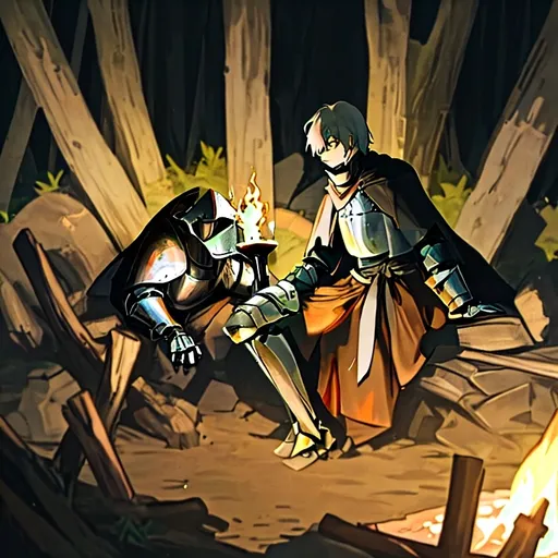 Prompt: resting knight at a campfire